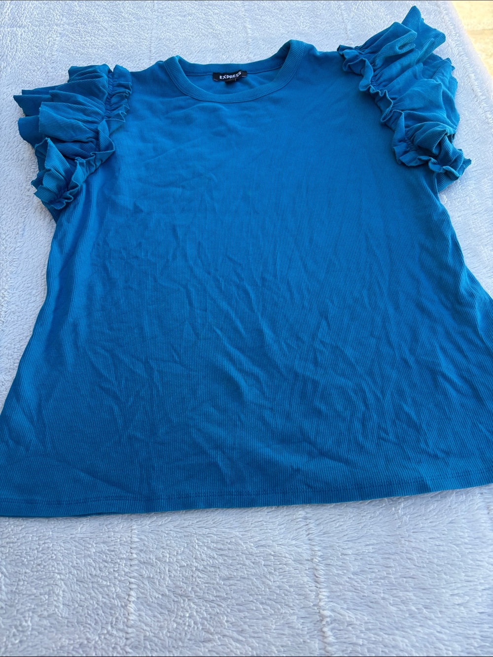 Express Bright Blue Ruffle Sleeve Short-Sleeve Top